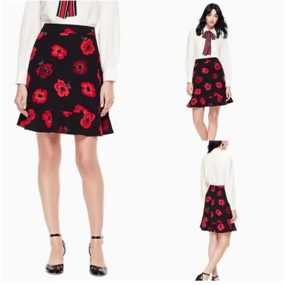 KATE SPADE Poppy Tiered Ruffle A-Line Skirt Black and Red Size 2 - Picture 2 of 12
